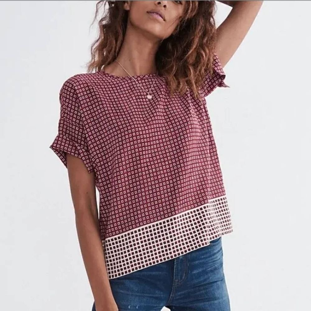 Madewell Silk Blouse Top Womens 2XS Red Geometric Short Sleeve Tie Bow Back Casu
